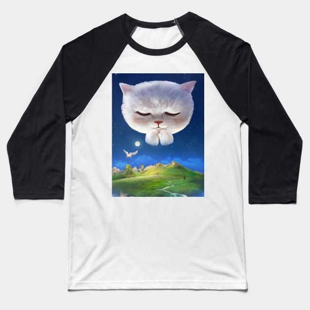 Praying Cat Baseball T-Shirt by zkozkohi